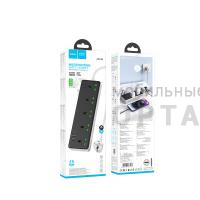 Сетевой фильтр HOCO AC13A, 1.5 м, 10A/250V, 5V/3A, 5 розеток, 3хUSB, Type-C, с выключателем,  черный