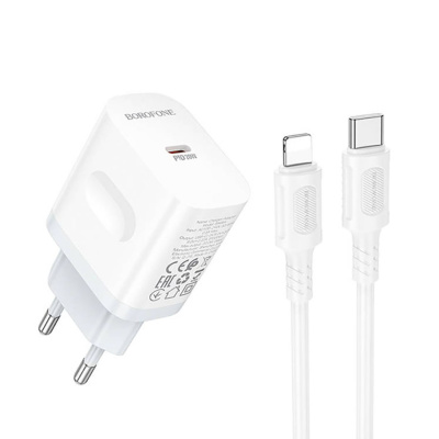 Блок питания сетевой 1 Type-C BOROFONE BA99A Breeze, , пластик, 3.0A, PD20Вт, кабель Type-c to Lightning, цвет: белый (1/60/240)