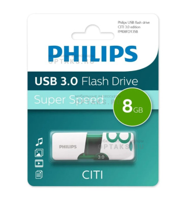 Флешка USB 8 Гб Philips CITI3.0, USB3.0, белый, зеленый