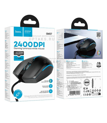 Мышь проводная HOCO GM37, Wonderful, 800/1200/1600/2400 DPI, оптическая,  черный
