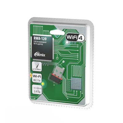 USB WI-FI Адаптер RITMIX RWA-120 2.4ГГц,IEEE802.11b/g/n,ск.до 150Мбит/с.Чипсет RealTek RTL8188. Встр.антенна.Нано-размер. (1/500)